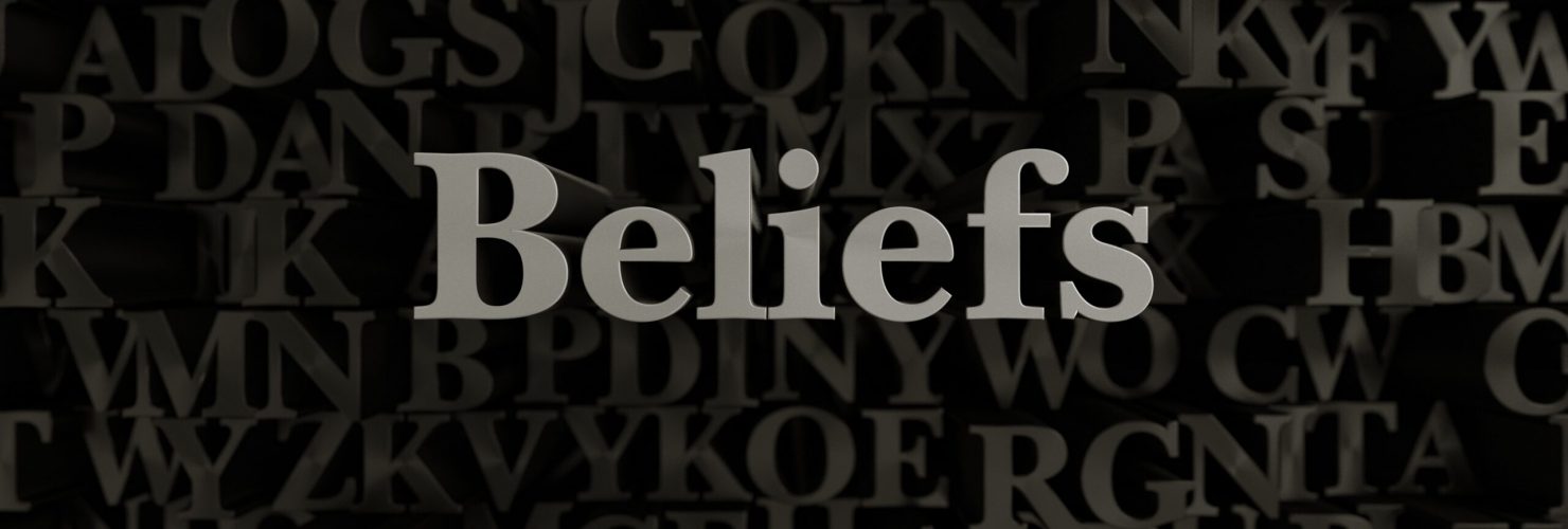 Beliefs - Stock image of 3D rendered metallic typeset headline illustration.  Can be used for an online banner ad or a print postcard.